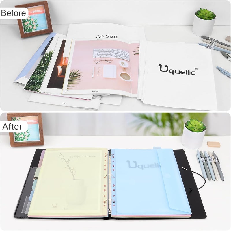 Uquelic A4 Binder, Folio Document Organizer with 12 Pockets, 3 Ring Folder Letter Size/A4, Cute Life Binder for Paper, Files, Photos, Letters, Cards(Macaron) - Image 5